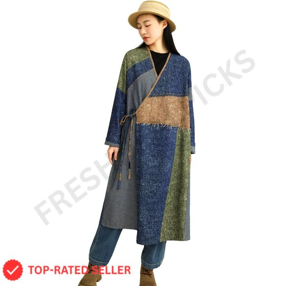 Sweaters - Denim Cardigan Jacket Long Sleeve Tie Waist Patchwork Design Casual Chic